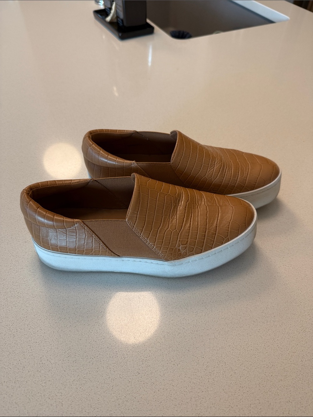 Vince Tan Croc-Embossed Slip-On Sneakers with White Sole